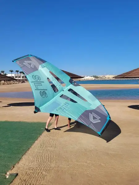 Large teal wing on the beach